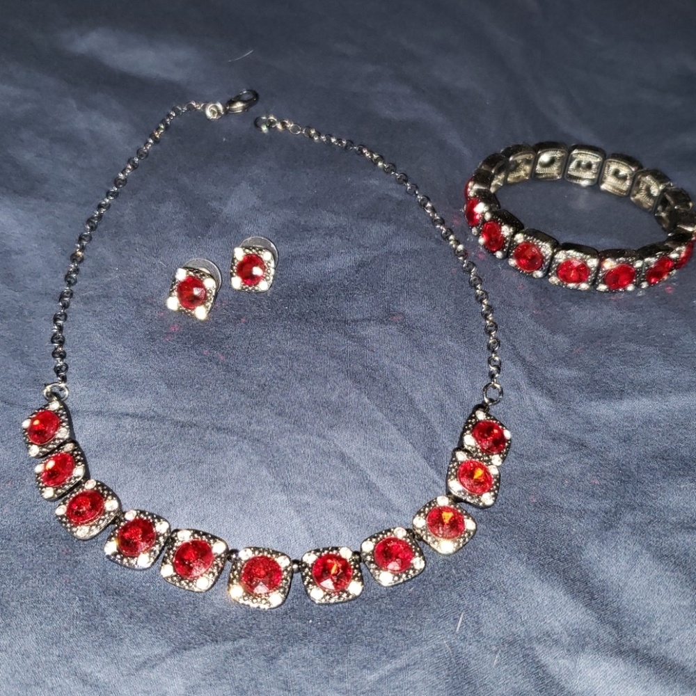 Red Ruby Necklace, Earrings & Bracelet